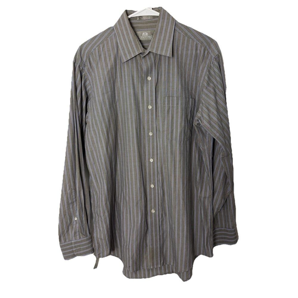 Stafford Essentials Men Gray Blue Striped Dress Shirt 100% Cotton broadcloth